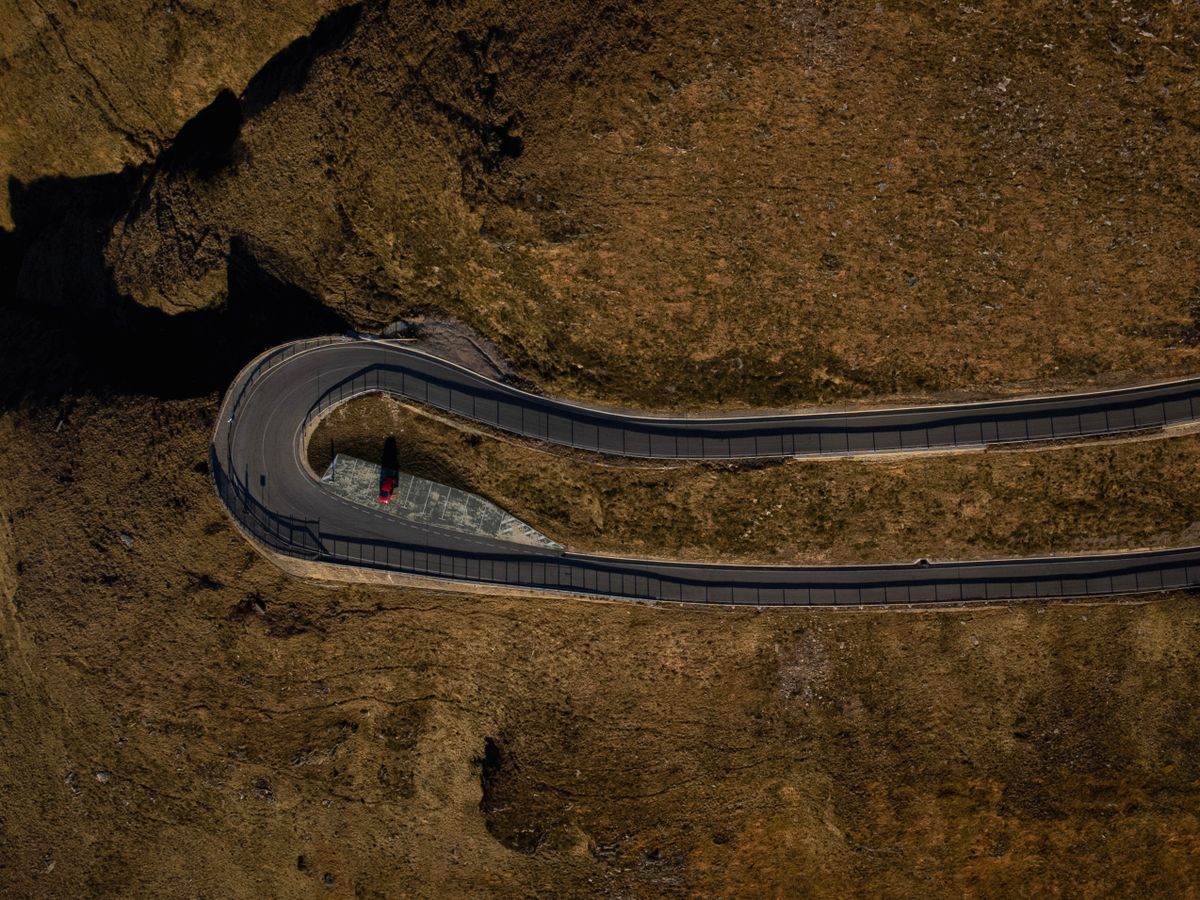 Hairpin bend on a mountain road from above